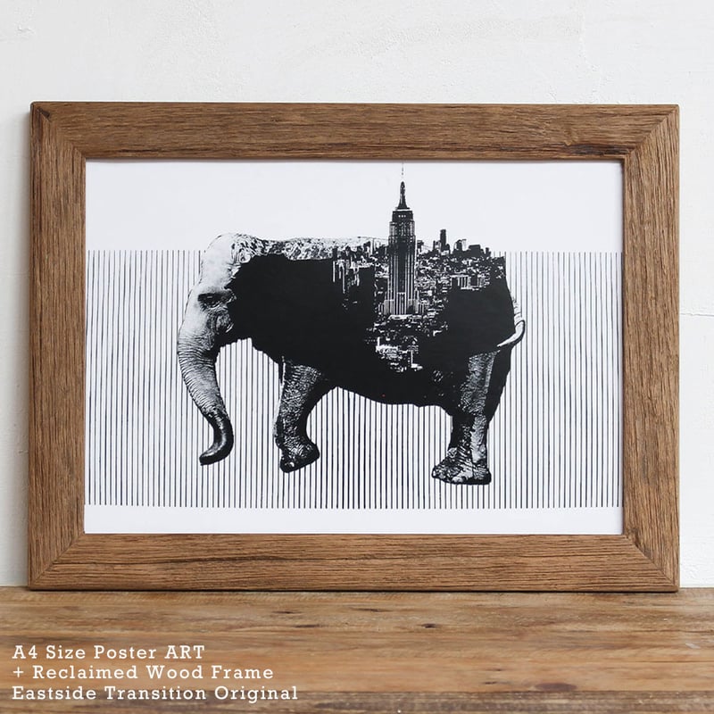 象のモダンアート 「独歩」-A4 Elephant x New York 「モノクロアート 動物街」A4 モノトーン