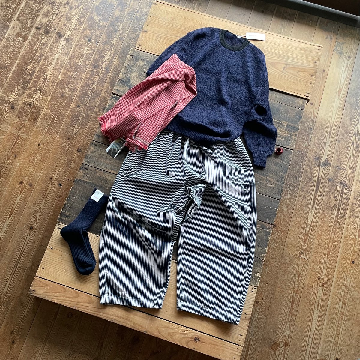 homspun 10oz ヒッコリー&ホワイトデニム ギャザーパンツ | SEEP STORE