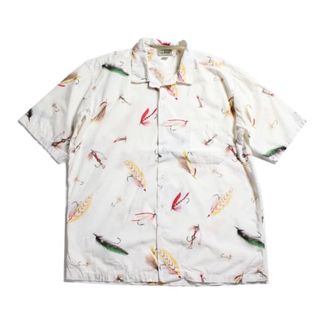 80's L.L.Bean Flies All Over Print S/S Shirts (XL) LLビーン フライプリント コットンシャツ 半袖 総柄