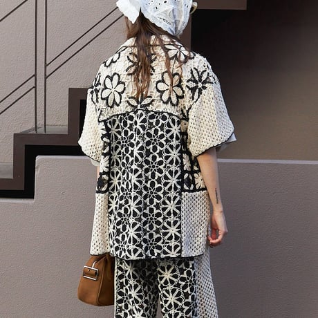 MAISON SPECAL  Mixed Lace Oversized Shirt