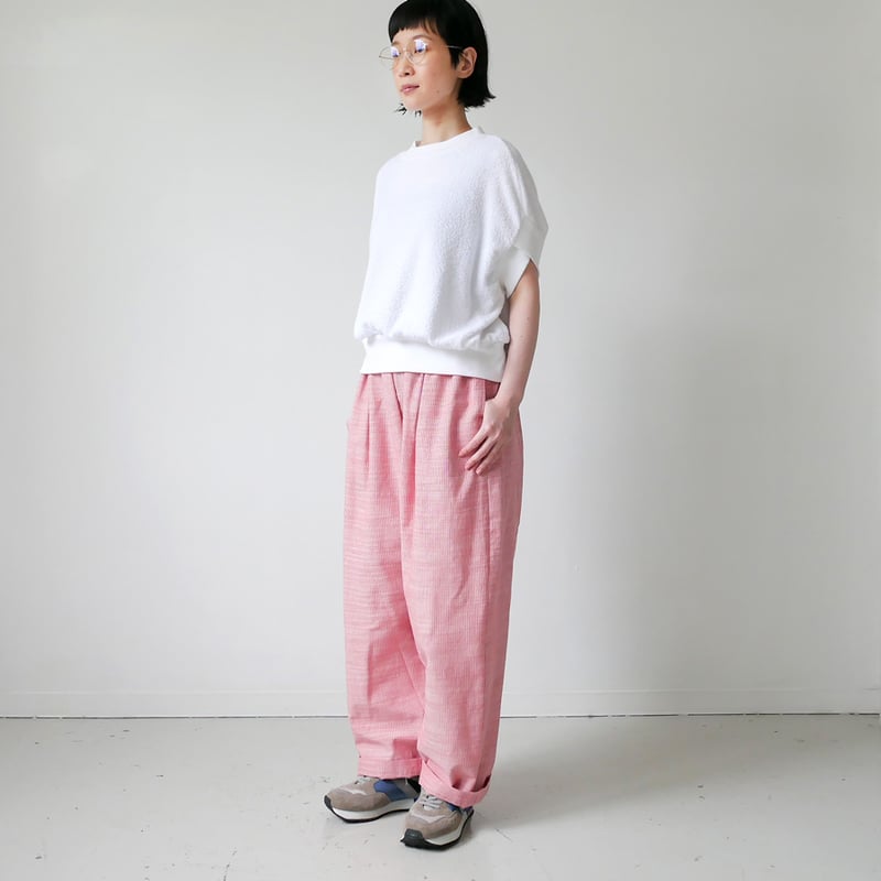 久留米かすり｜kasuri wide pants｜絣ワイドパンツ ｜細縞ピンク