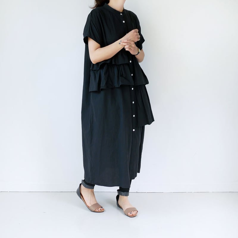 ダリア dahl'ia フリルネック コットンロングワンピース 黒 dahl'ia ダリア フリルカラーワンピース