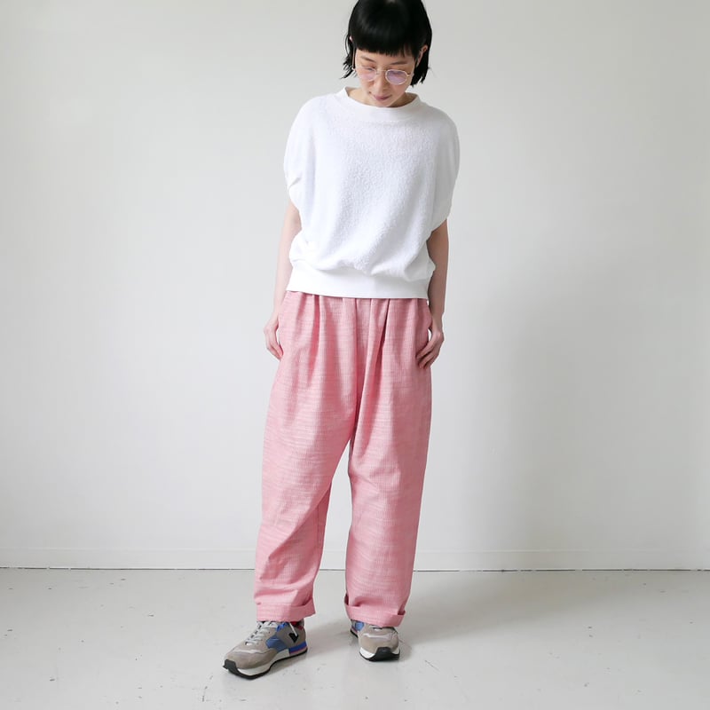 久留米かすり｜kasuri wide pants｜絣ワイドパンツ ｜細縞ピンク