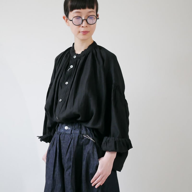 ユニヴァーサルティシュ／トリプルワッシャーリネンギャザーブラウス／ブラック／新品 UNIVERSAL TISSU｜ユニヴァーサルティシュ｜トリプルワッシャー