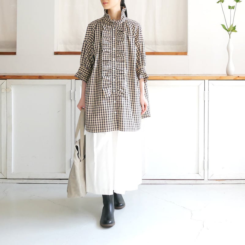 dahl'ia ｜ダリア ｜ フロントフリル ロング ブラウス チェック｜DBL