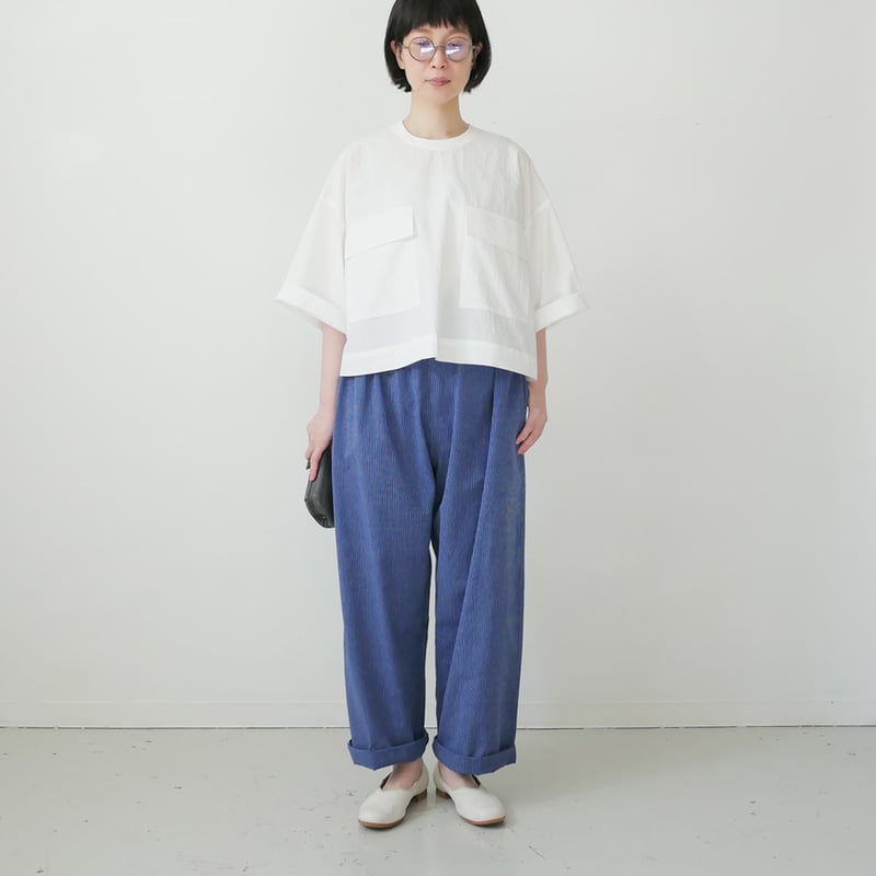 久留米かすり｜kasuri wide pants｜絣ワイドパンツ ｜羽縞青｜GOUACHE F