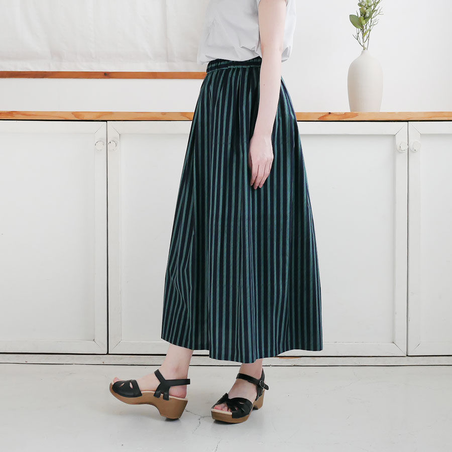 久留米かすり｜絣フレアスカート ｜シマ絣 紺/グリーン｜GOUACHE  