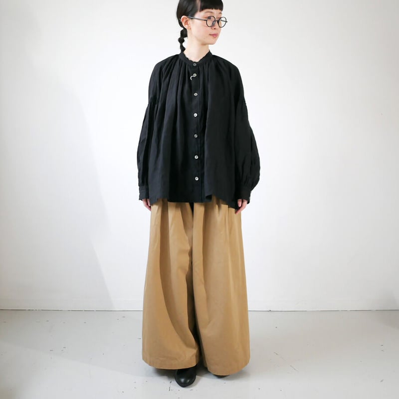 ユニヴァーサルティシュ／トリプルワッシャーリネンギャザーブラウス／ブラック／新品 UNIVERSAL TISSU｜ユニヴァーサルティシュ｜トリプルワッシャー