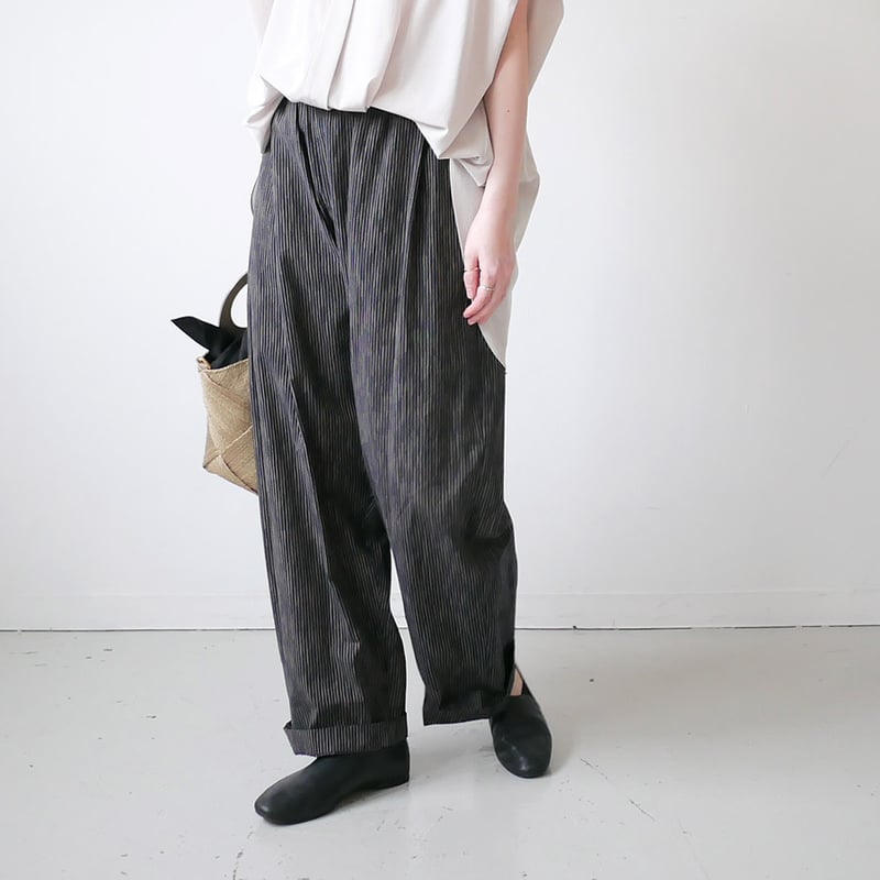 久留米かすり｜kasuri wide pants｜絣ワイドパンツ ｜よろけ縞 濃紺