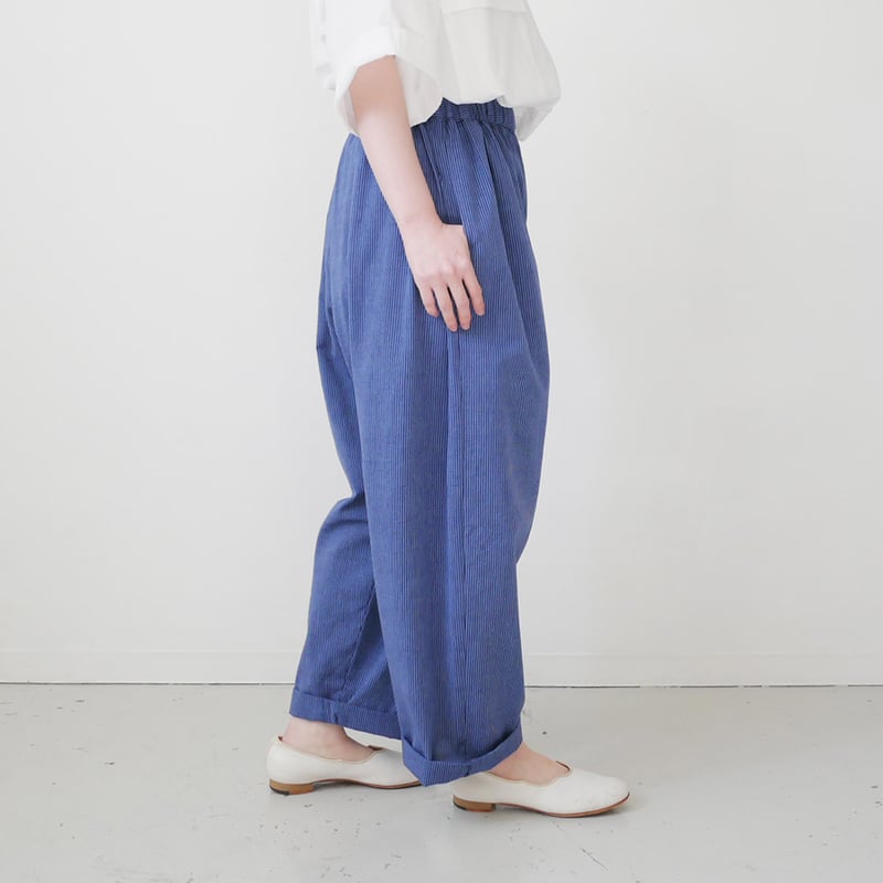 久留米かすり｜kasuri wide pants｜絣ワイドパンツ ｜羽縞青｜GOUACHE F