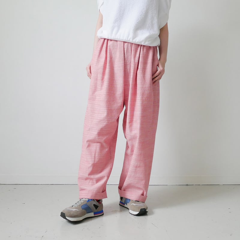 久留米かすり｜kasuri wide pants｜絣ワイドパンツ ｜細縞ピンク
