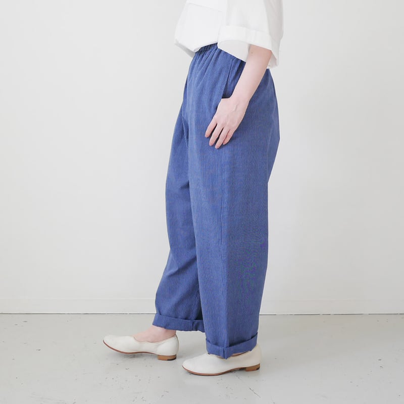 久留米かすり｜kasuri wide pants｜絣ワイドパンツ ｜羽縞青｜GOUACHE F