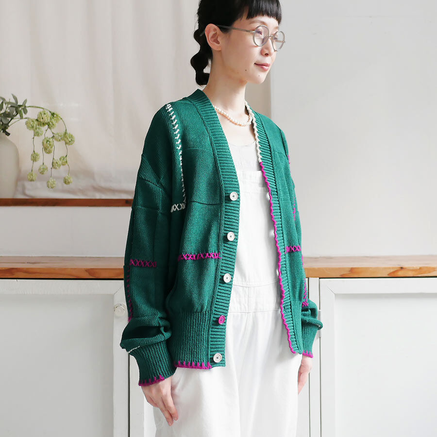 COOHEM| コーヘン | STITCH WORK KNIT CARDIGAN|ステッチワークニットカーディガン|GREEN |11-224-006|SIZEM COOHEM| コーヘン | STITCH WORK KNIT CARDIGAN|ステッチワークニットカーディガン|GREEN |11-224-006|SIZEM