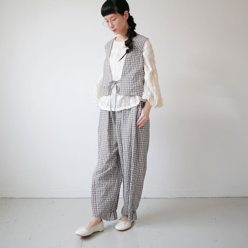 qiri｜キリ｜sashiko check gather pants ｜beige | GOU