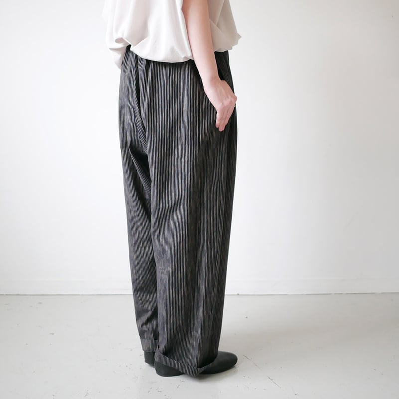 久留米かすり｜kasuri wide pants｜絣ワイドパンツ ｜よろけ縞 濃紺