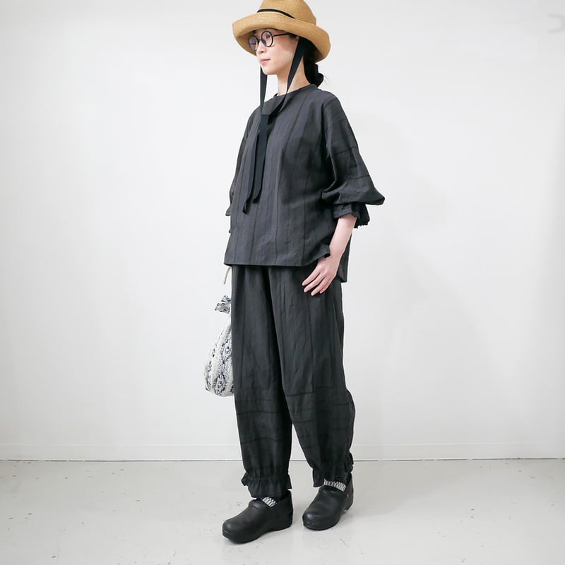 qiri｜キリ｜embroidery jacquard gather pants｜チャコール