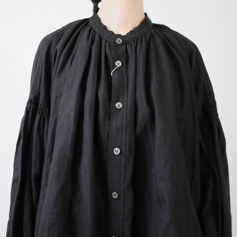 ユニヴァーサルティシュ／トリプルワッシャーリネンギャザーブラウス／ブラック／新品 UNIVERSAL TISSU｜ユニヴァーサルティシュ｜トリプルワッシャー