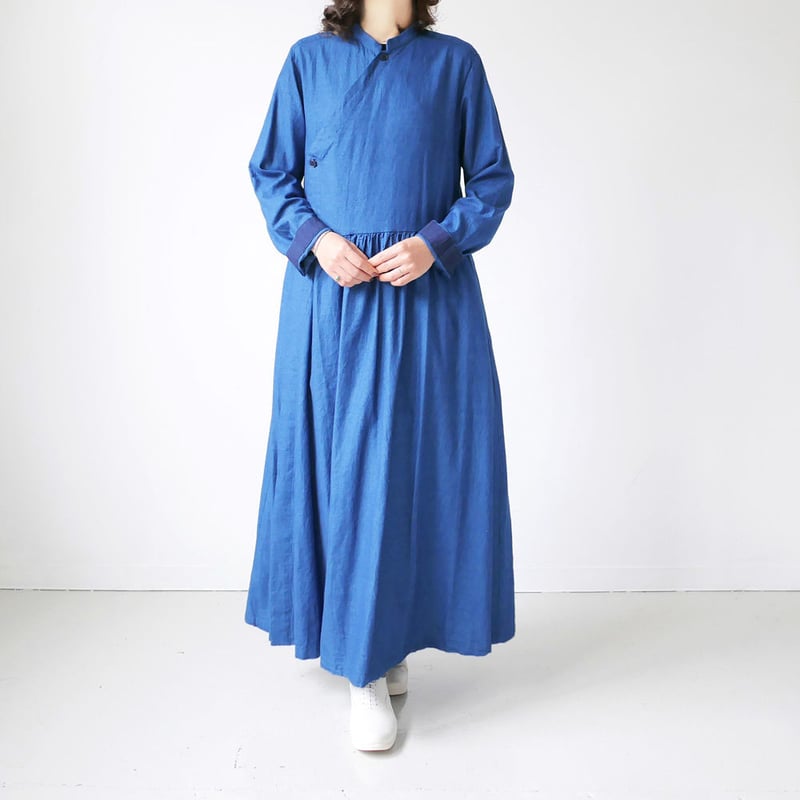 45R ロングワンピース　藍染め　MOTTAINAI インディゴ 45R ロングワンピース マキシ丈 七分袖 インディゴ染 R刺繍