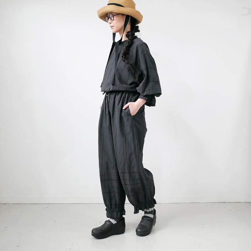 qiri｜キリ｜embroidery jacquard gather pants｜チャコール
