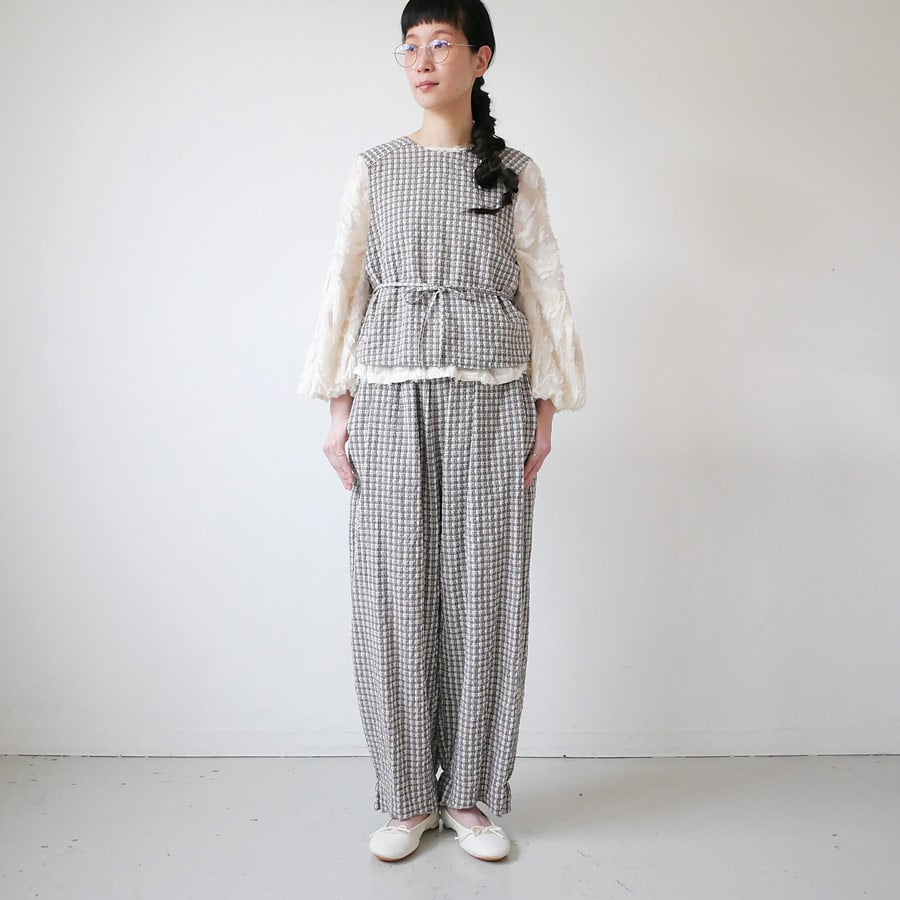 qiri｜キリ｜sashiko check gather pants ｜beige | GOU