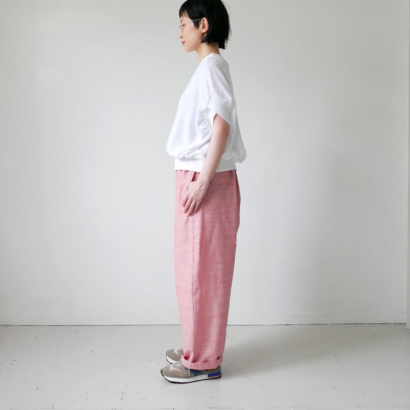 久留米かすり｜kasuri wide pants｜絣ワイドパンツ ｜細縞ピンク