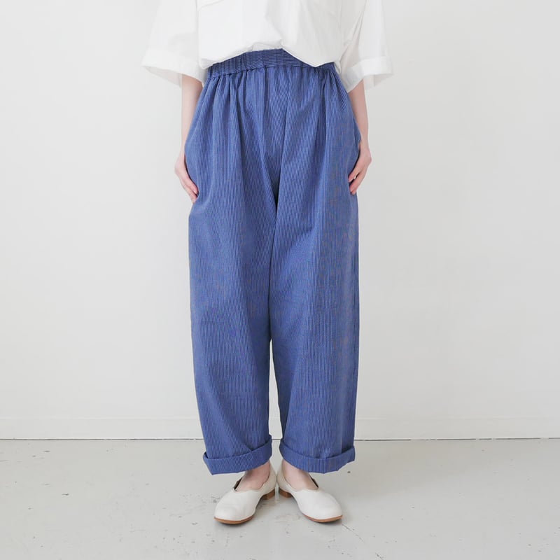 久留米かすり｜kasuri wide pants｜絣ワイドパンツ ｜羽縞青｜GOUACHE F