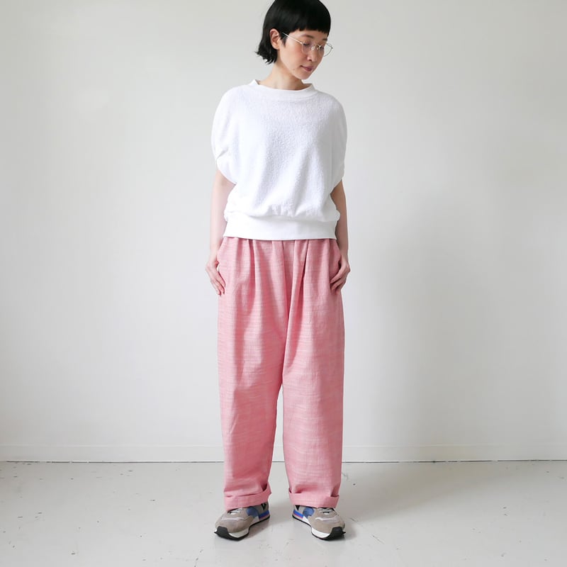 久留米かすり｜kasuri wide pants｜絣ワイドパンツ ｜細縞ピンク