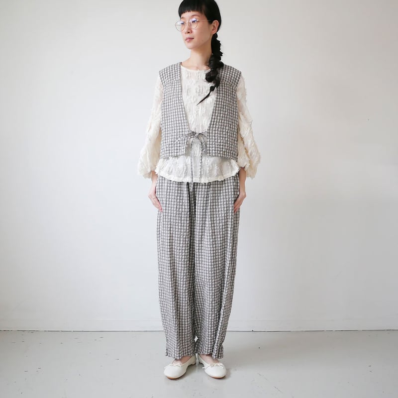 qiri｜キリ｜sashiko check gather pants ｜beige | GOU