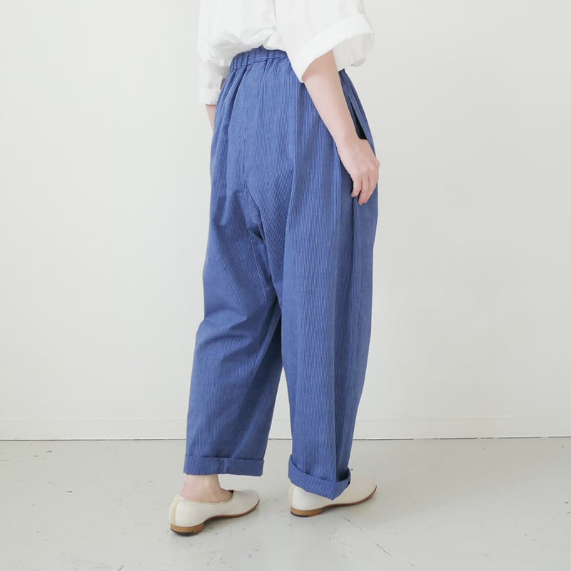 久留米かすり｜kasuri wide pants｜絣ワイドパンツ ｜羽縞青｜GOUACHE F