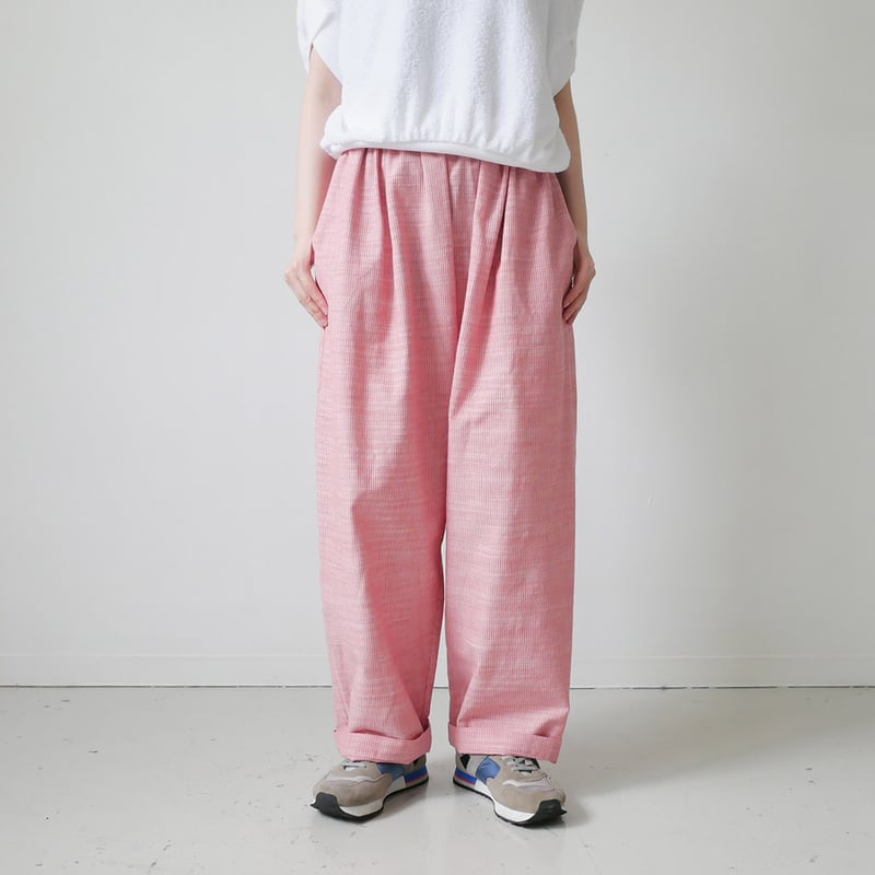 久留米かすり｜kasuri wide pants｜絣ワイドパンツ ｜細縞ピンク