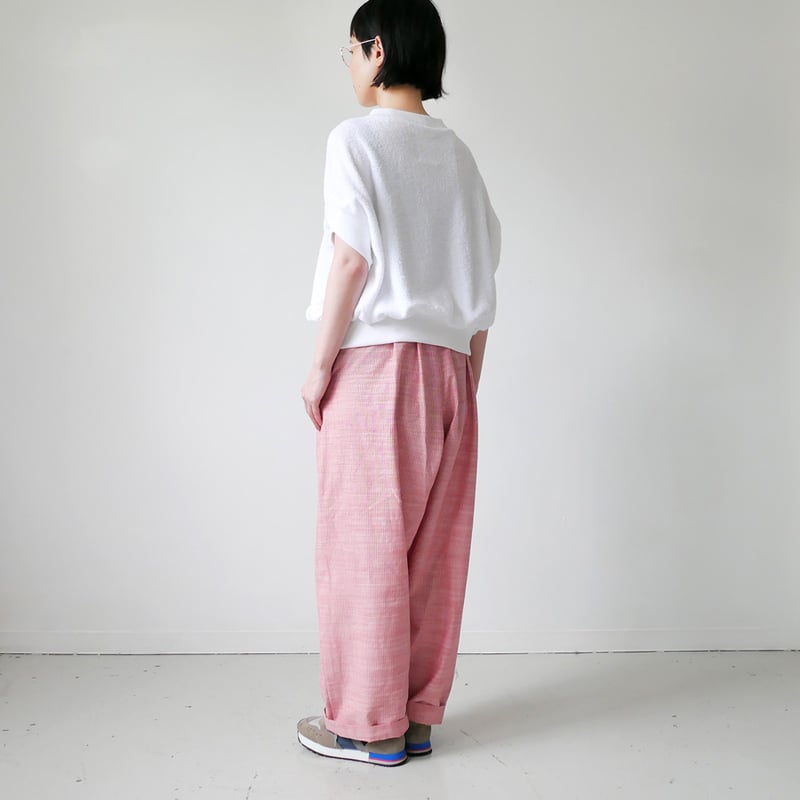 久留米かすり｜kasuri wide pants｜絣ワイドパンツ ｜細縞ピンク