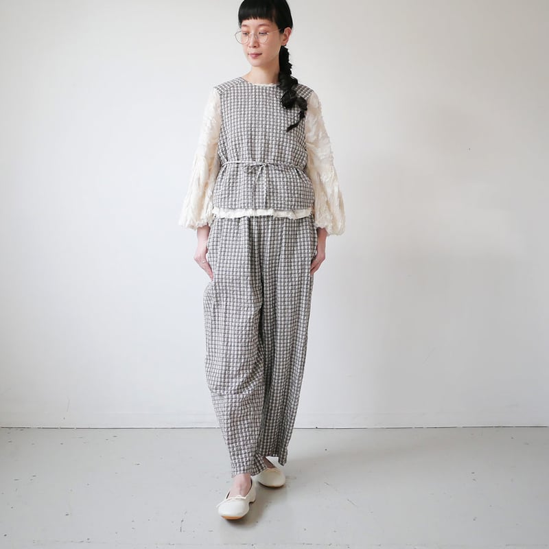 qiri｜キリ｜sashiko check gather pants ｜beige | GOU