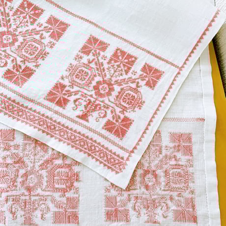 北欧ヴィンテージ/刺繍/テーブルクロス/リネン地/スゥエーデン伝統モチーフ