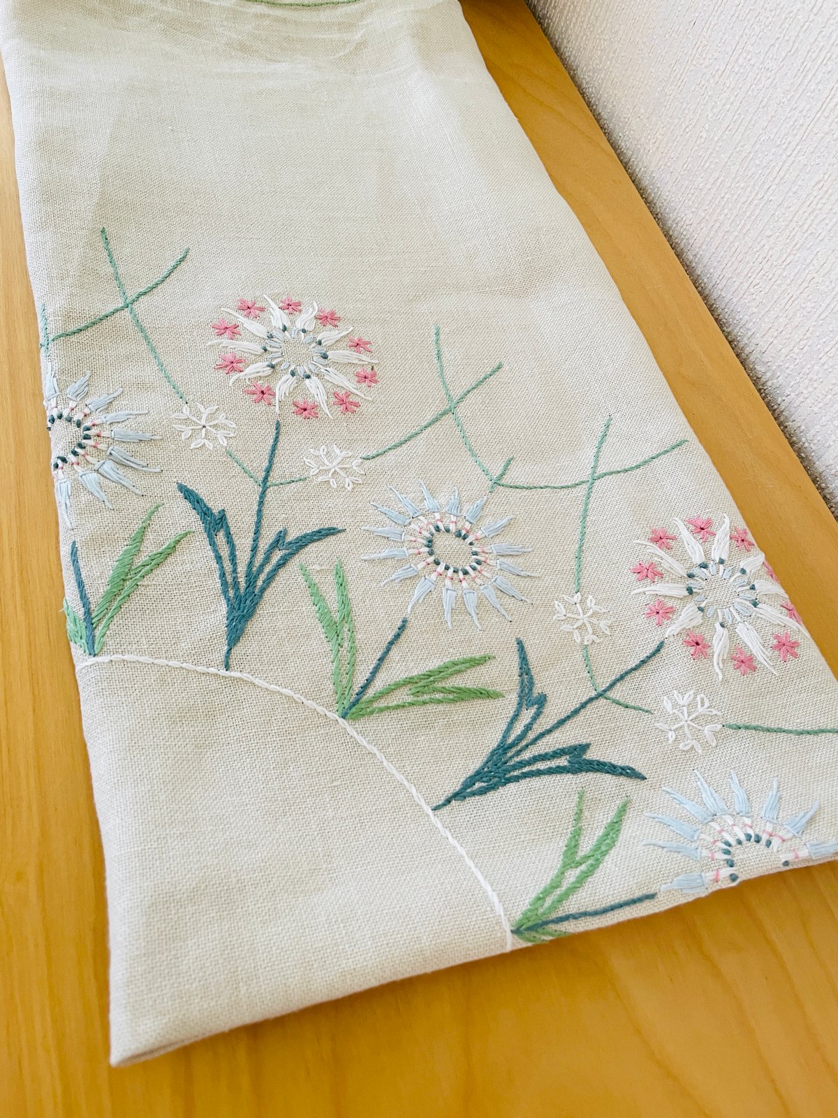北欧ヴィンテージ/刺繍/テーブルクロス/リネン地/大判/110cm x 北欧ヴィンテージ/刺繍/テーブルクロス/リネン地/大判/110cm x