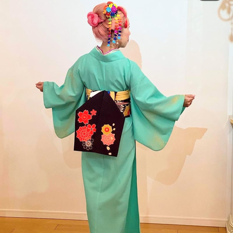 めっちゃ着物®︎＝ワンピース（金彩翡翠・黒帯） | USAGI AI