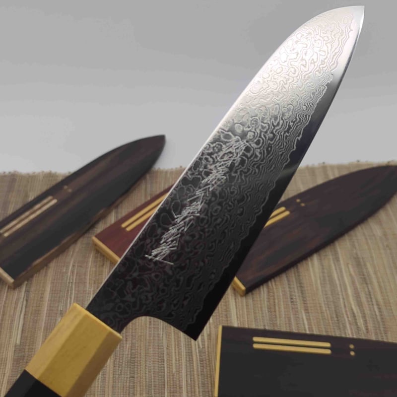 別注】コバルトステンレス割込 ダマスカス三徳180mm 銘木柄鞘 別注】コバルトステンレス割込 ダマスカス三徳180mm 銘木柄鞘