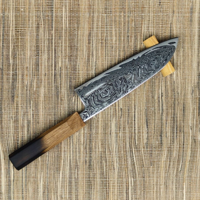 義弘作】Mo.V墨流し 三徳包丁165mm 樫柿渋仕上げ柄 | 山脇刃物製作所