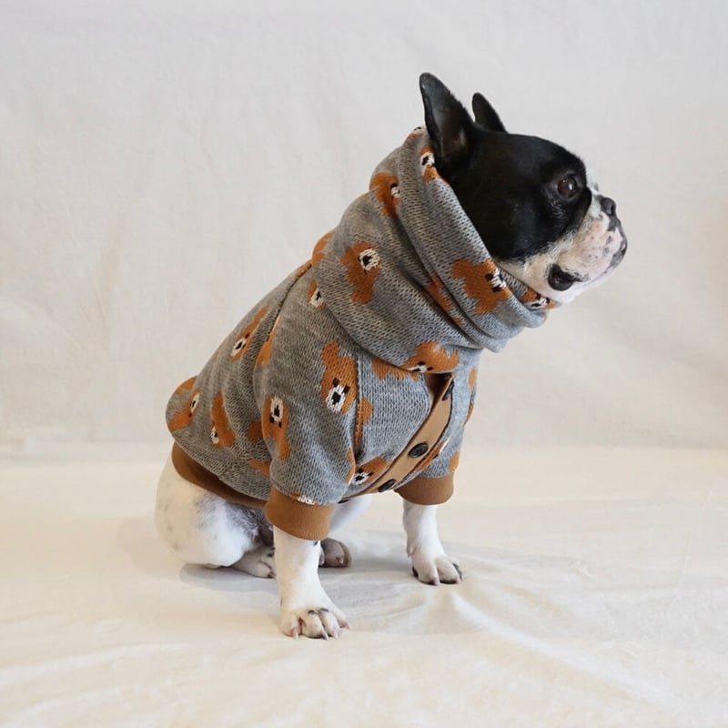 袖にクマさんのロンT  フレブル服　パグ服　犬服　ハンドメイド くまさんワッフルロンパース //ブラウン・フレブル服TiTiTi