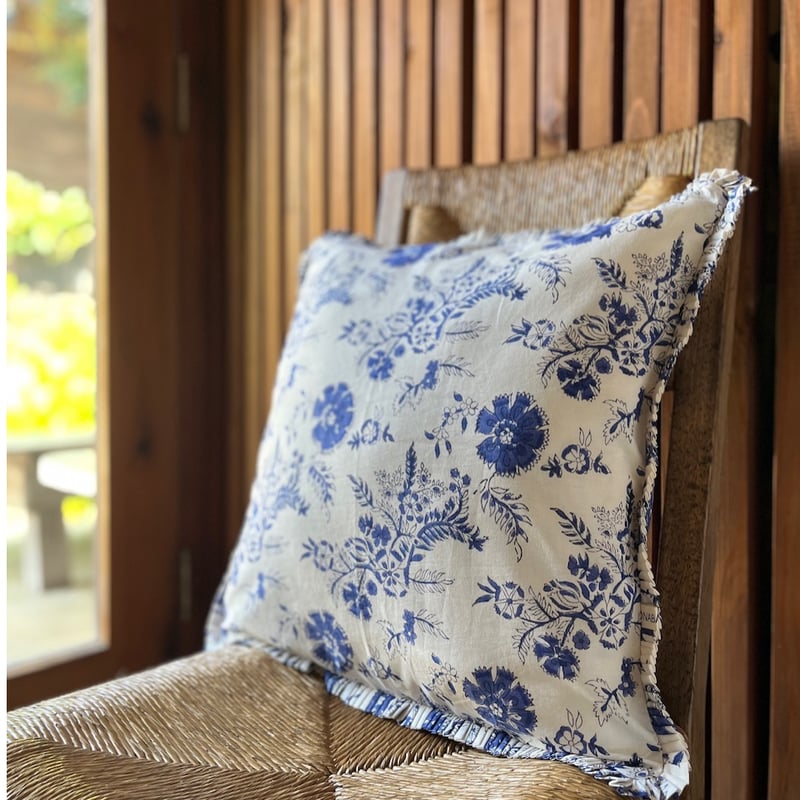 L】花柄 ハンドブロックプリント カンタキルト ソファカバー ブルー