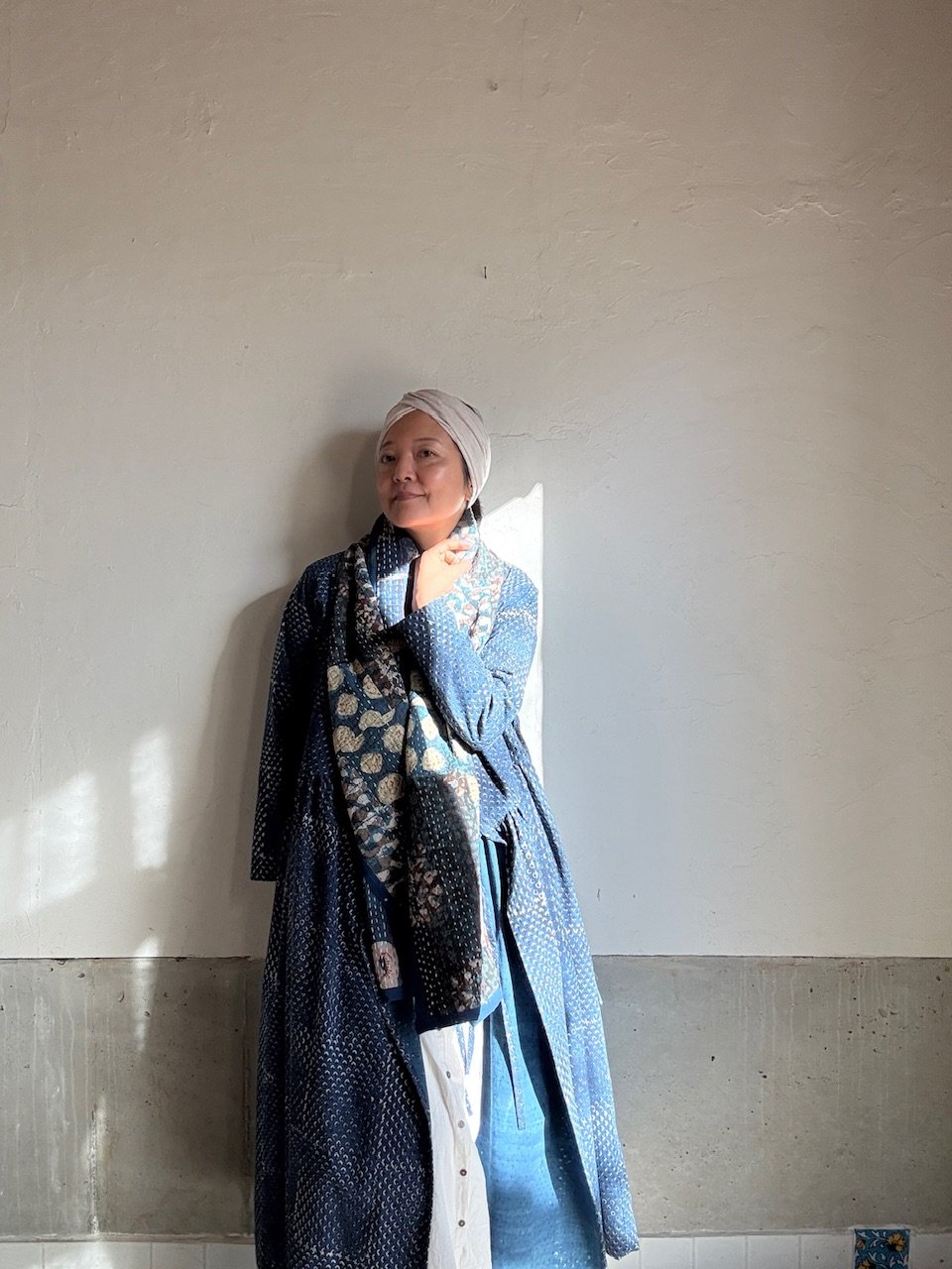 ハンドブロックプリント パッチワークカンタのストール リバーシブル