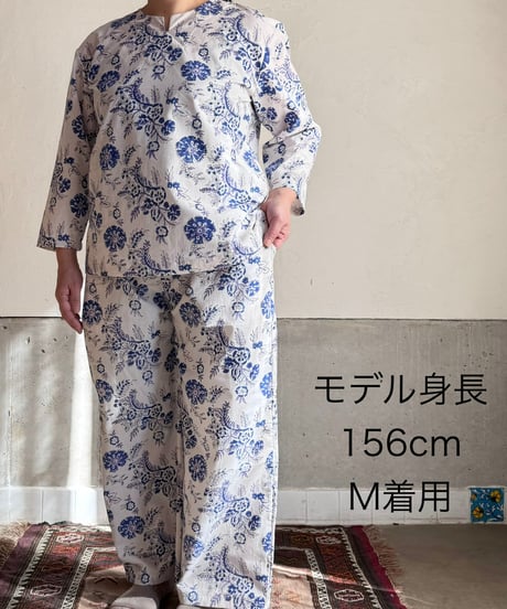 ハンドブロックプリント　パジャマセットー Blue Meadowー