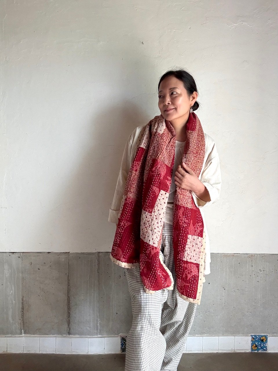 ハンドブロックプリント パッチワークカンタのストール リバーシブル