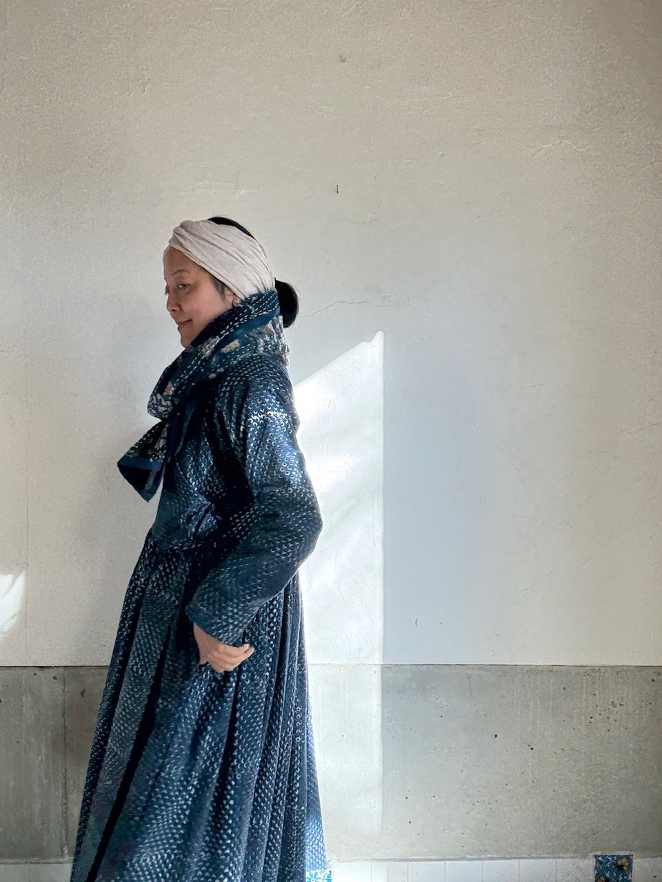 ハンドブロックプリント パッチワークカンタのストール リバーシブル