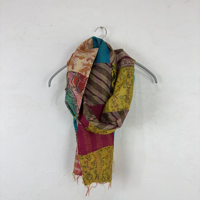 パッチワーク・リサイクルサリー カンタ（刺し子）のストール M