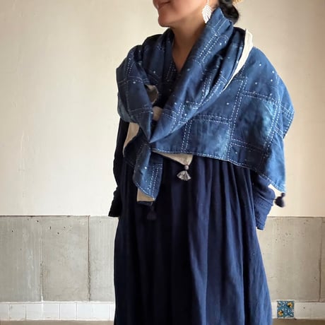 カディアンドコー Khadi&amp;co 刺し子調プリント リネンコットン 大判ストール ネイビー┃インド製 ショール【2400014721508】 リネン大判ストール《PANKAJ》（6962284003） | 7