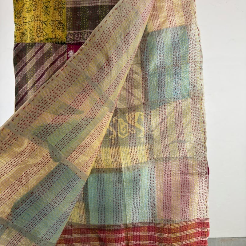 パッチワーク・リサイクルサリー カンタ（刺し子）のストール M