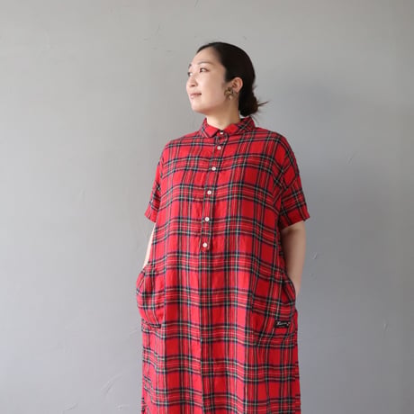 涼しいリネンの、まるえりワンピース〈あか〉【快晴堂】