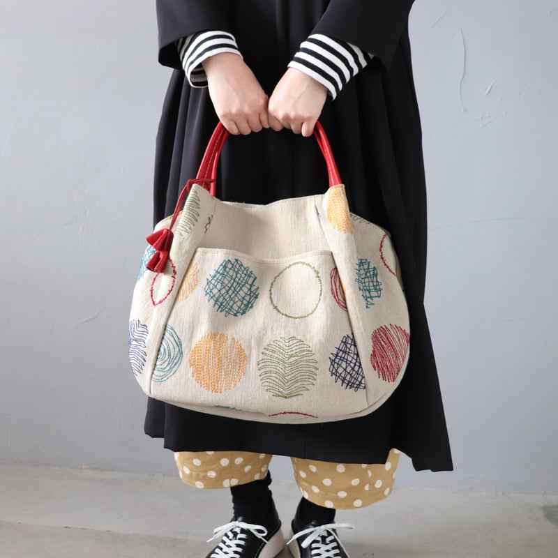 T.A design グルグル ステッチ トートバッグん キナリ／レッド 現行T.A Design ハンドバッグ刺繍マルチキナリレザー綿麻