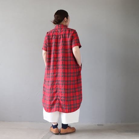 涼しいリネンの、まるえりワンピース〈あか〉【快晴堂】