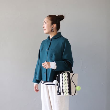 Pompom zomia drawstring bag〈きみどりのラインとポンポン〉【TOMOO DESIGNS】